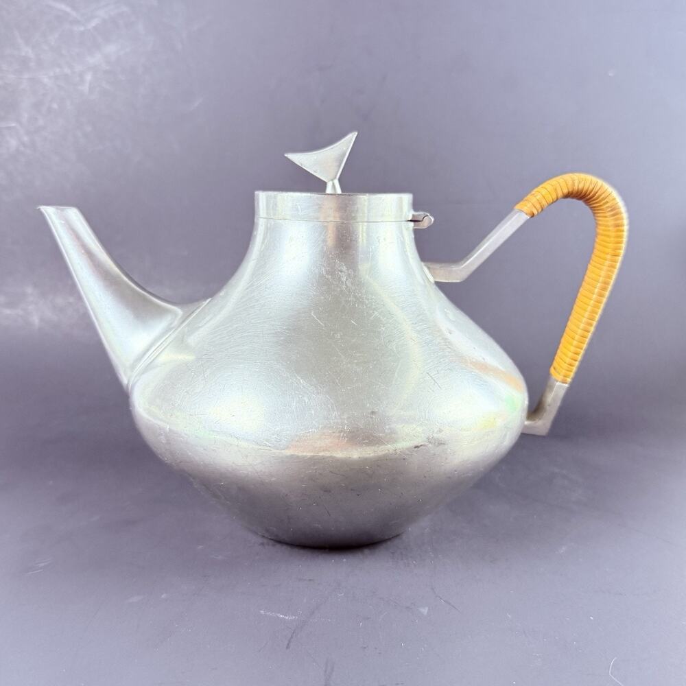Reed & Barton Pewter MCM Coffee Tea Pot Set Danish Modern Rattan Handle Atomic - Picture 6 of 16